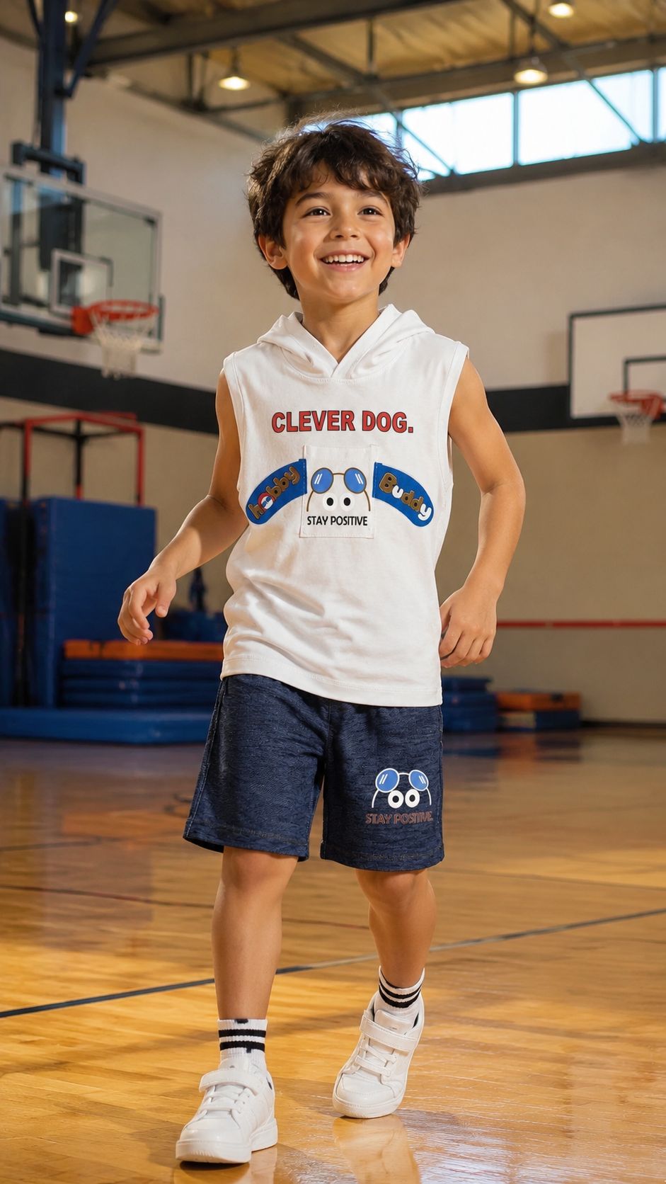 290 تاپ کلاه دار پسرانه با شلوارک جیب دار کمر غلفتی طرح CLEVER DOG - Image 1